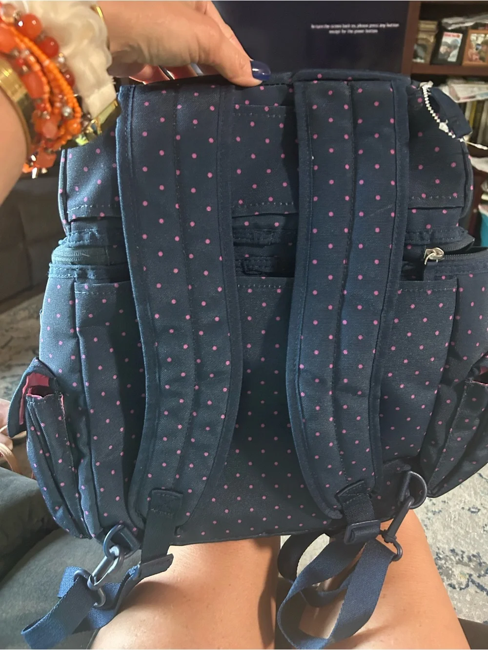 Matilda Jane Navy Backpack with Pink Polka Dots